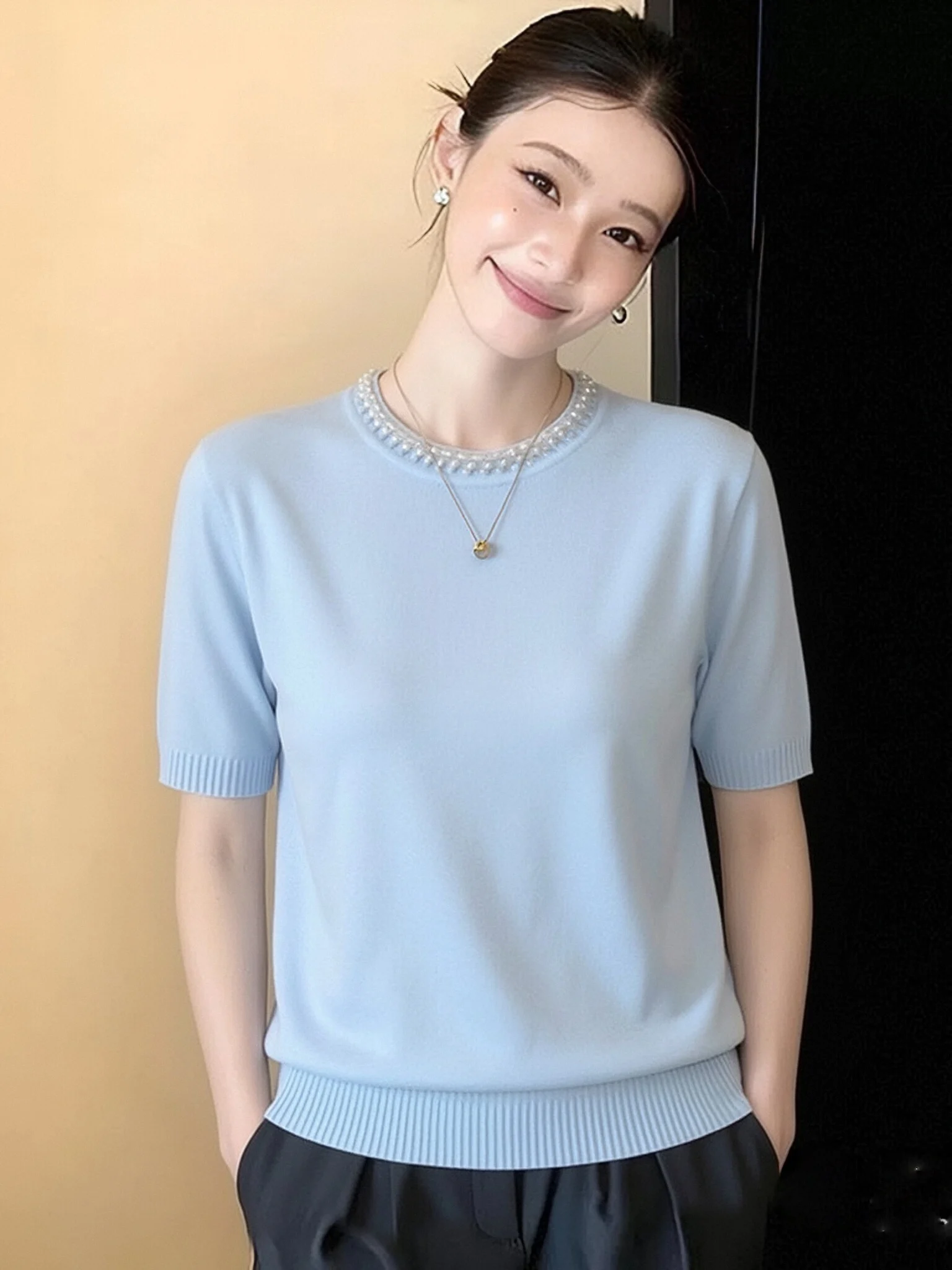 

Korean Sle Loose round Ne ort Sve T-irt Women's Heavy Embellied Pure Color Simple Top Summer New Arrival