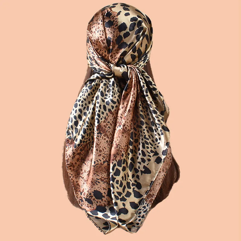 

Luxury Brand Square Silk Scarf Women Satin Hijab Scarves Leopard Print Bandana Female Shawl Wrap Headband Foulard 90*90cm
