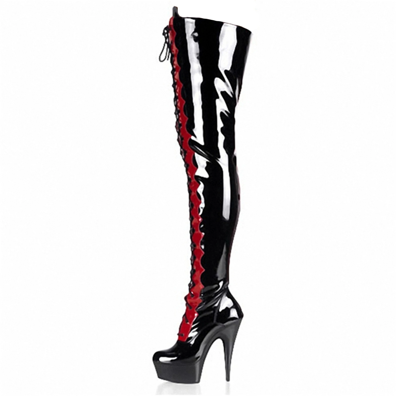 

15CM LETHAL SEDUCTION THIGH BOOTS | CRISS-CROSS LACE & BLOOD RED ACCENT | KINKY PLATFORM HEELS for STAGE & BEDROOM