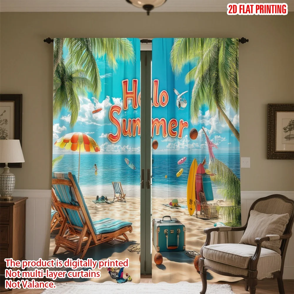 

2D flat printing 2pcs Party Curtains Summer Beach Vibes Digital Printed Polyester Drapes Seasonal Party & Holiday Decor Use for