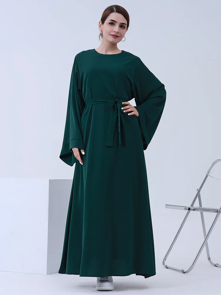 

Modest Large Size Dubai Arabic Robe For Women Jalabiyat Moroccan Gulf Clothing Solid Long Sleeve Belted Muslim Ramadan Abaya