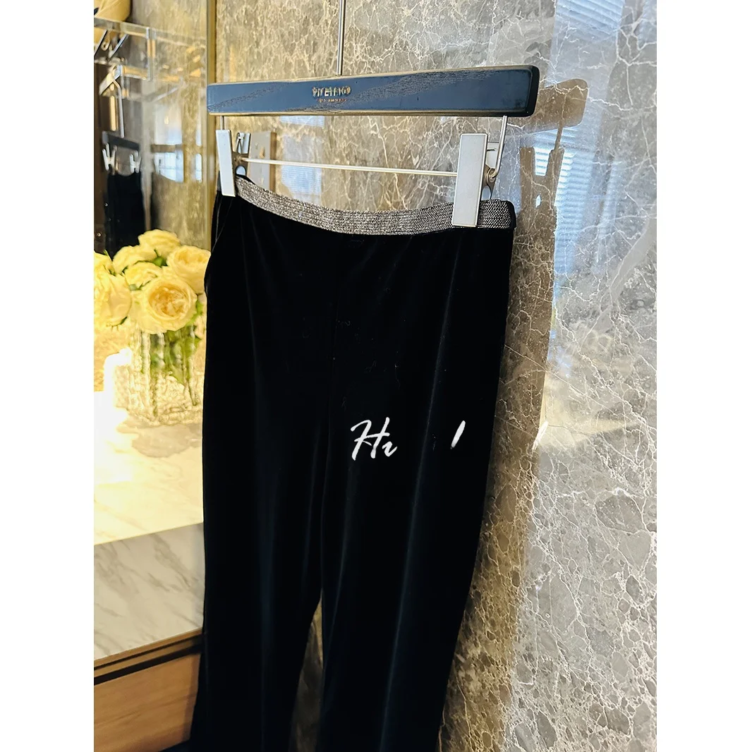 

Брюки-клеш с высокой талией из черного бархата с серебряной цепочкой и бусинами, утягивающие, высокого качества, в уличном стиле, повседневные, для женщин