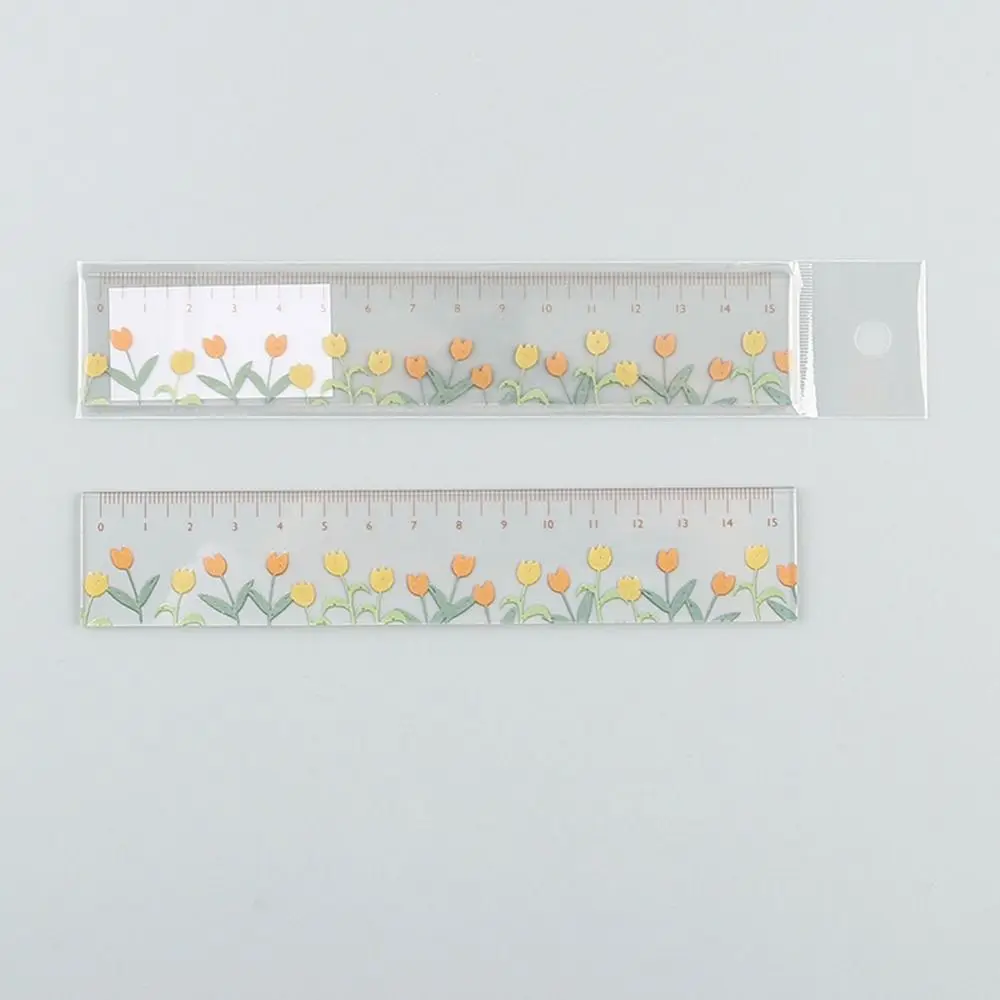 Régua acrílica transparente para desenho de matemática, Régua reta Multifuncional Criativa, Double-Duty Flower Bookmark, Papelaria para Tulipa, 15cm