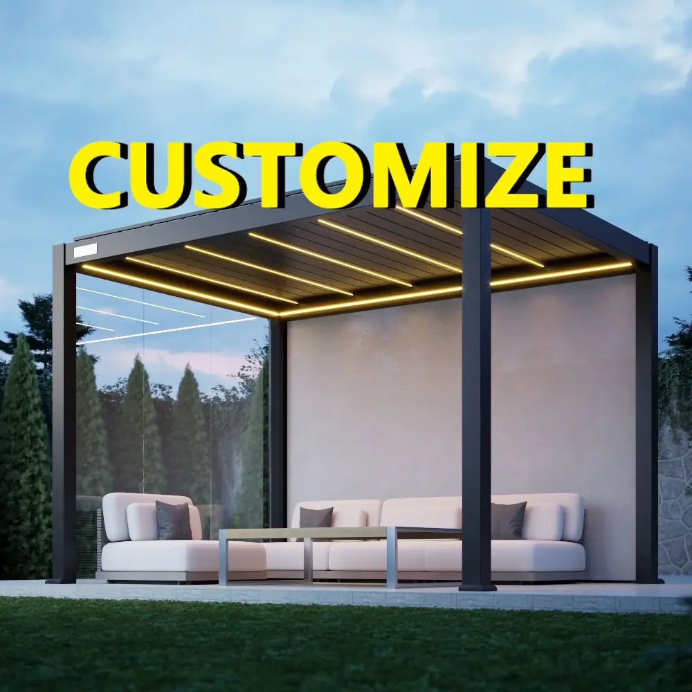 Any Size Custom Motorized Bioclimatic Aluminum Gazebo Adjustable Louver Garden Ventilate Sunproof All Year Gathering Structure