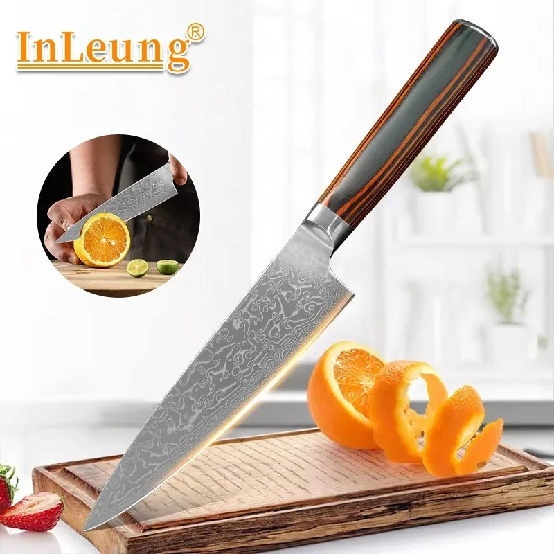 Cuchillo de Cocina Damasco, Cuchillo de Chef, Cuchillo para Cortar Carne, Verduras, Filetes, Cuchillo para Asar, Mango de Madera, Utensilios de Cocina
