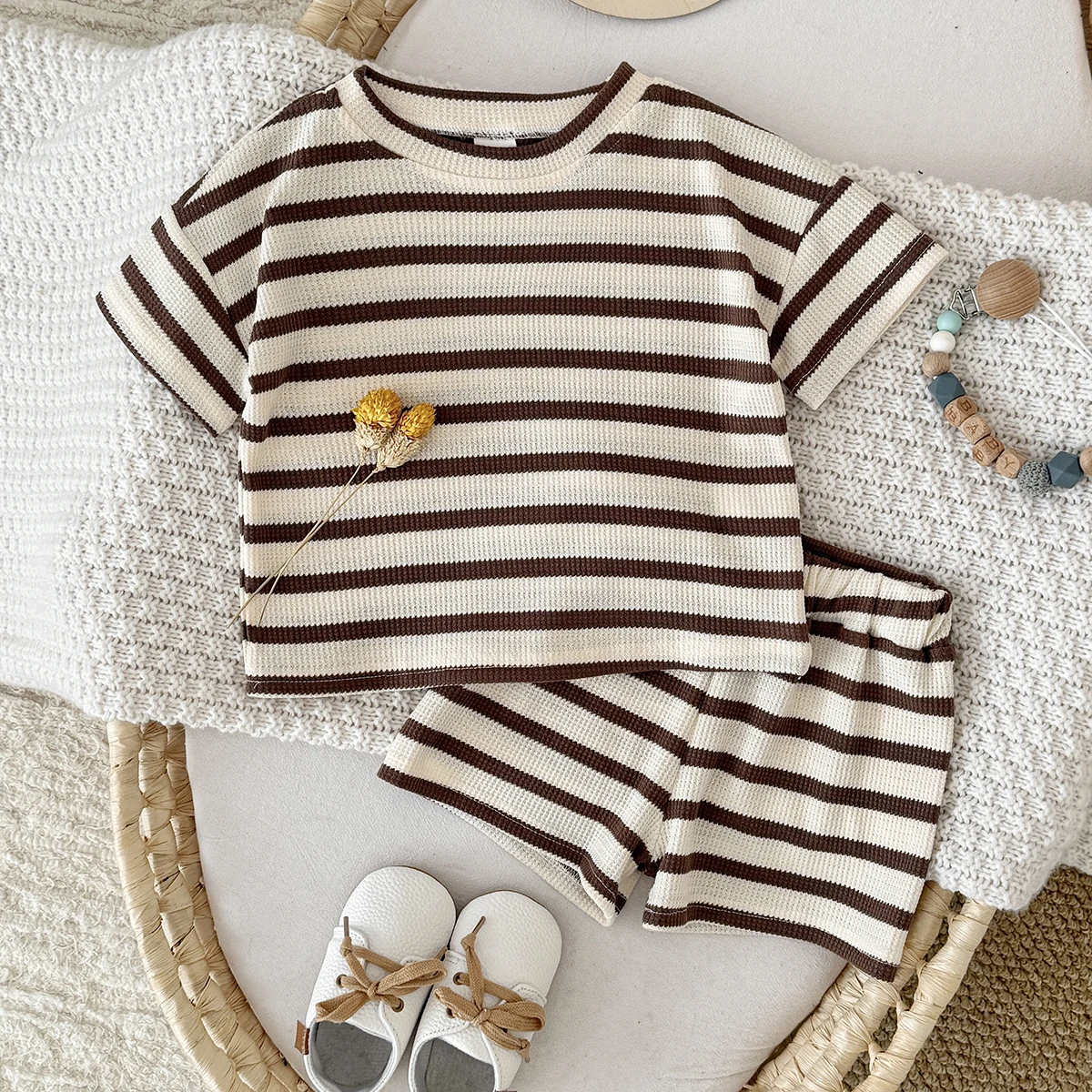 Summer Baby Clothes  Beige Color Boys Striped  T-shirt Shorts Set Breathable Girls Vest Short Sleeved Shorts Set 0-3Years