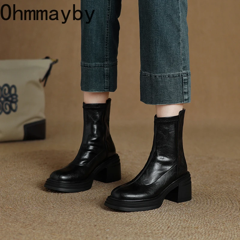 Vintage Platform Heels Women Ankle Boots Fashion Round Toe Stretch Slim Short Booties Shoes Zapatos Mujer