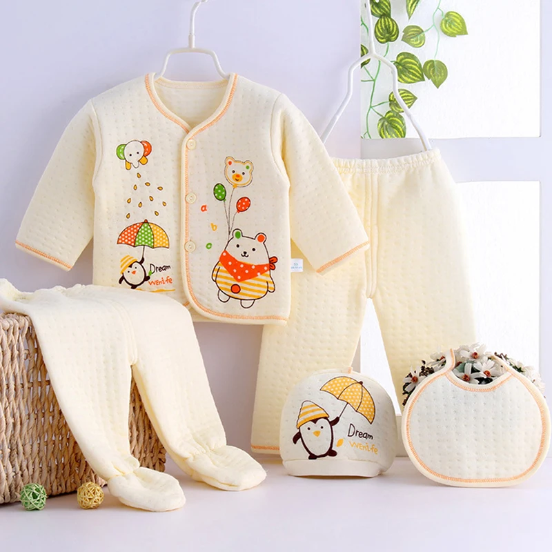 5PCS Newborn Baby Clothes Infant Sets For Boy Girl Cotton Print Long Sleeve T-Shirt Pant Hats Baby Suit Toddler Clothing 0-3M ﻿