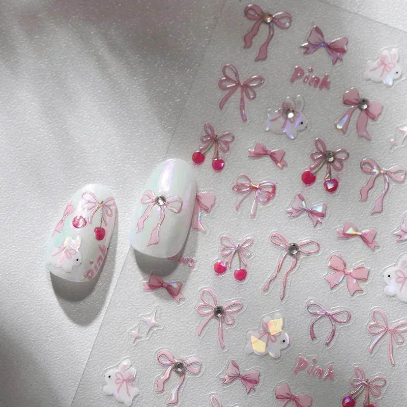 Shiny Bowknot Pink & White 5D Nail Art Sticker Set