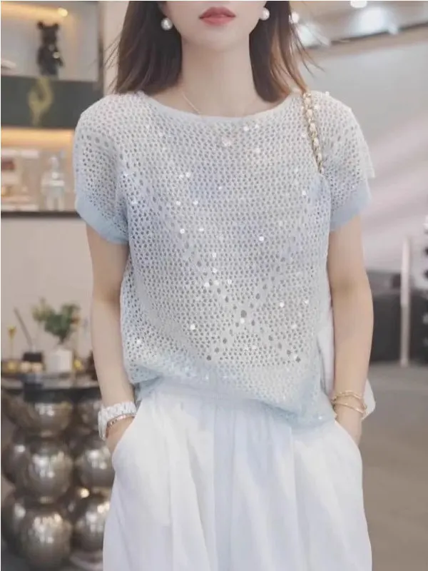 Shiny Sequin Knit Top Women's Summer New Style Slimming Loose European Style T-Shirt Sparkling Short Sleeve round Neck Basic Fit
