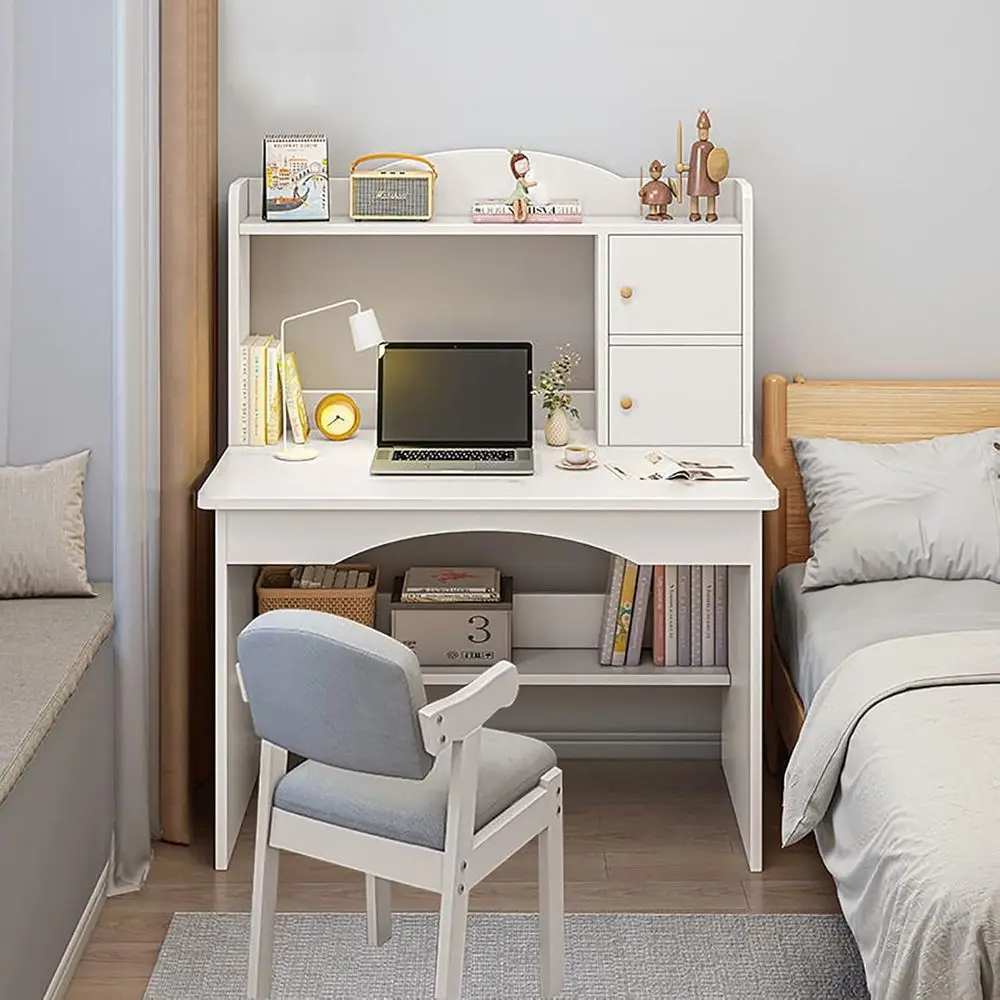 

Wooden Study Desk with Chair, Bookshelf, and Hutch for Teens - Perfect Writing Table for Girls and Boys