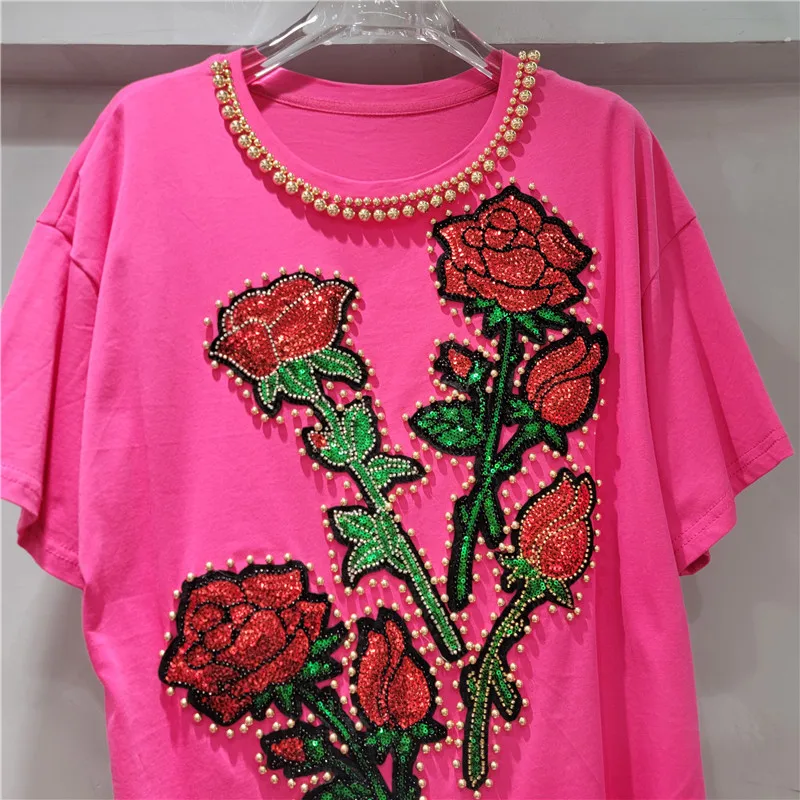 Heavy Industry Design Beaded Loose Top Women's 2025 New Sequins Big Flower Short Sleeve T-Shirt Spring Summer Y2k Top