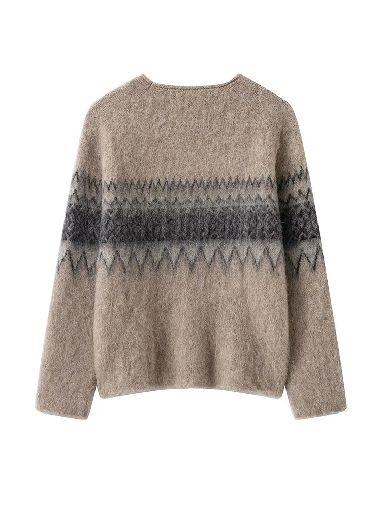 HH نساء موضة رقبة مستديرة تأثير المطاط سترة جاكار أنثى شارع العليا عادية دافئة كم طويل بلوفر شتوي سترة #2