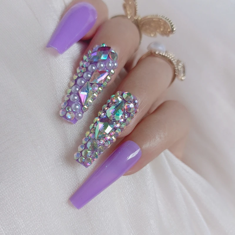 24pcs Internet celebrity style coffin fake nails purple press on nails crystal diamond Festival party gifts