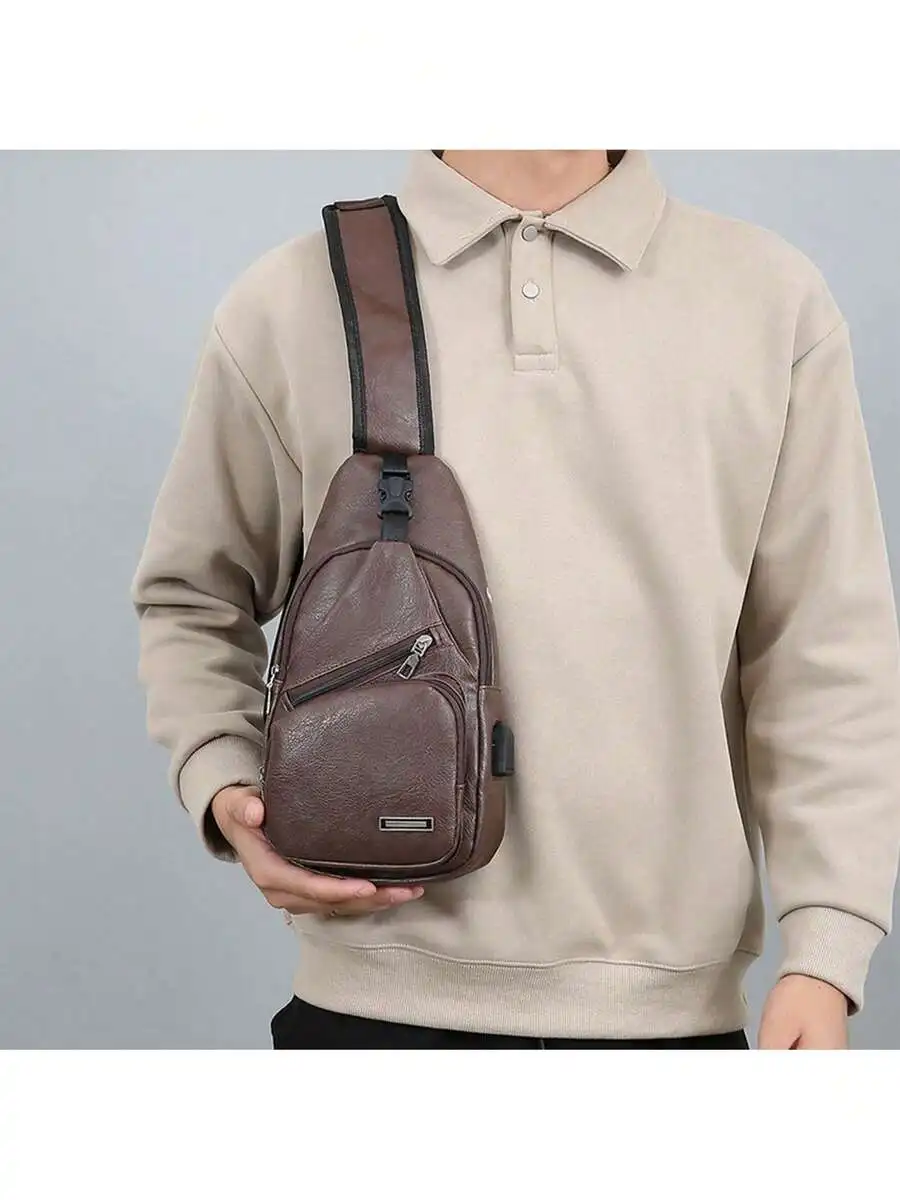 Mens PU Leather Sling Bag With USB Port Lightweight Crossbody Chest Bag For Travel Gym Outdoor view 4