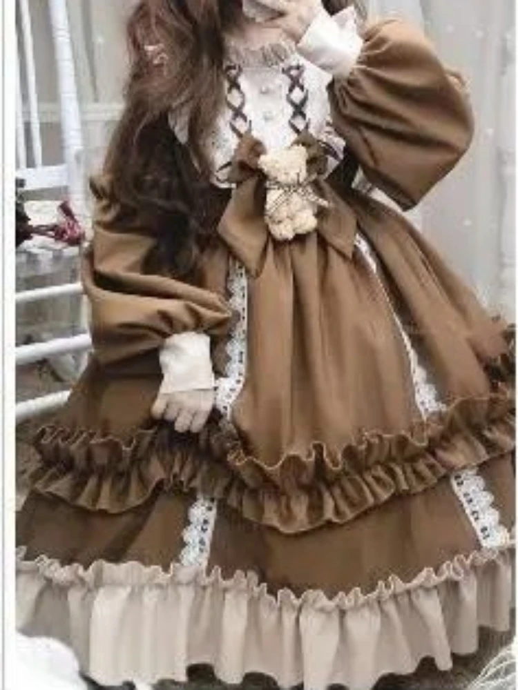 2024 New Kawaii Sleeve Bear Bow Japanese Korean Long Sleeve Dress Casual Full Set Loose Lolita Dresses Fashion Long Sleeve Women