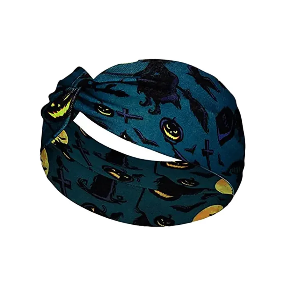 Vintage Knot Elastic Turban Wide Edge Pumpkin Halloween Printed Headband Unisex Sports Sweatband Bandanas Elastic Headband Yoga