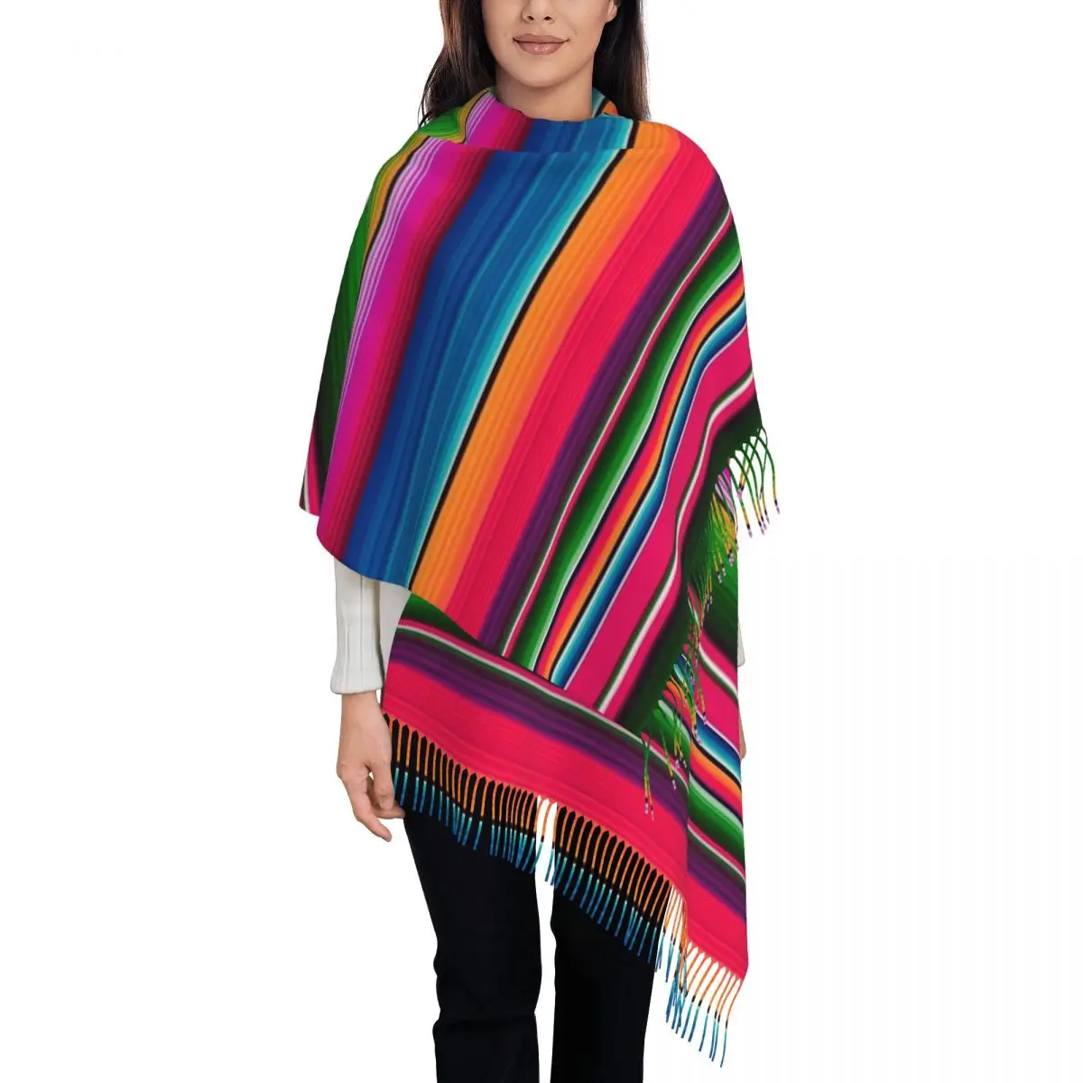 Mexican Blanket Striped Fiesta Serape Scarf Tassel Scarves for Women Soft Warm Shawls and Wraps Large Fall Winter Shawl Wrap