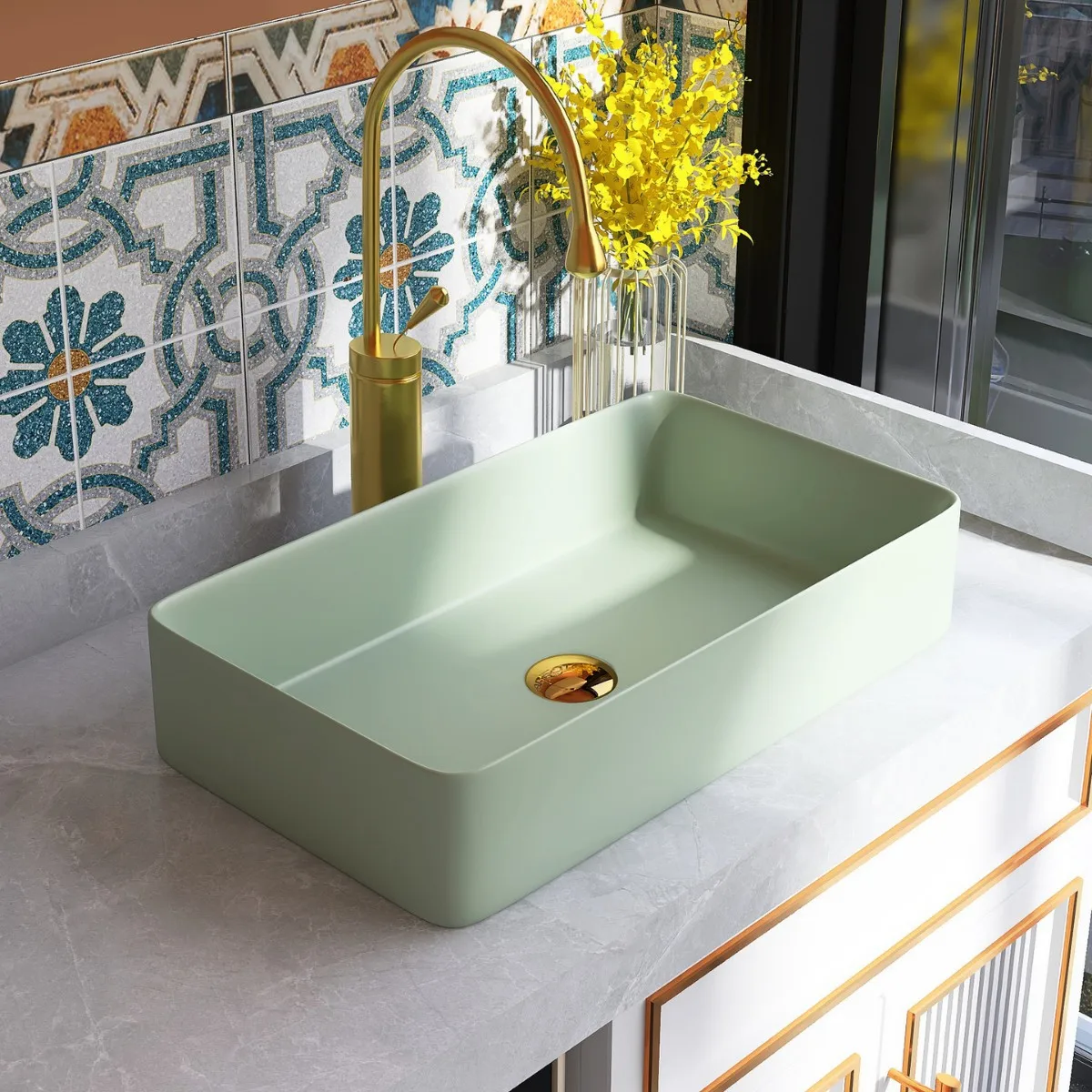 

Light luxury style table basin wash basin household bathroom balcony avocado green ceramic single basin square