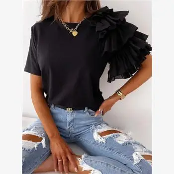 Summer Fashion Asymmetric Single Side Double Layer Ruffle Sleeveless T-Shirt Women's Simple Stylish Sleeveless Ruffle T-Shirt