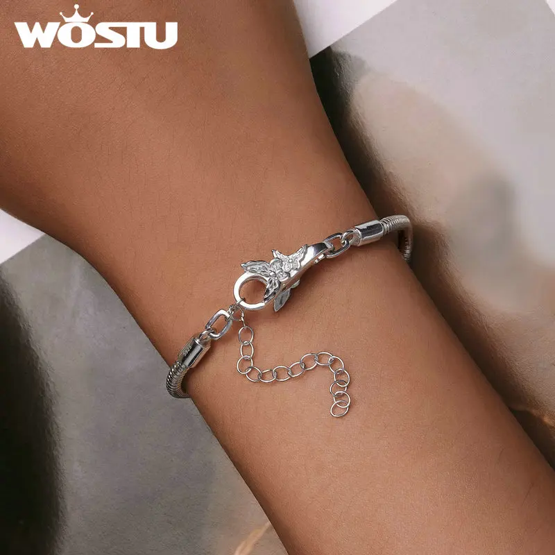 WOSTU Real 925 Sterling Silver Basic Snake Bangle Bracelet Butterfly Flower Closure Buckle For DIY Charms Bead Jewelry Make Gift