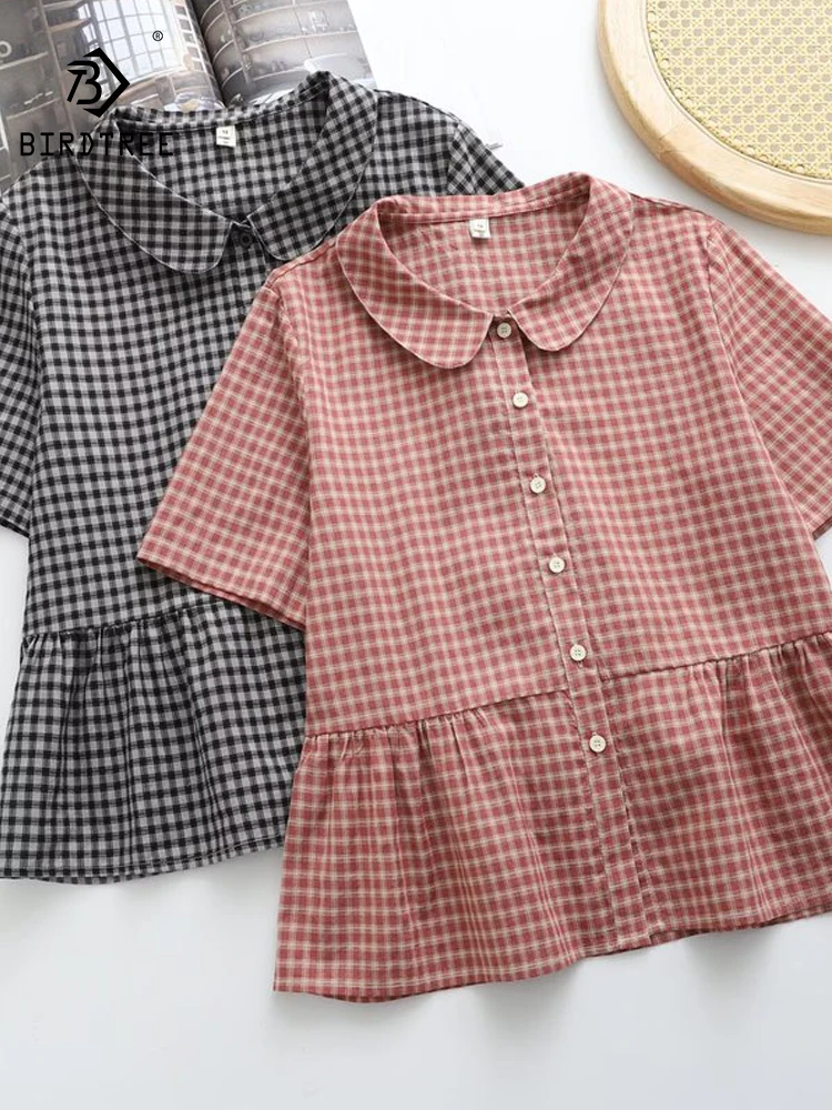 

New 2026 Summer Women Cotton Short Sleeve Shirt, Peter Pan Collar Plaid, Mori Girl Preppy Style Commute Loose Blouse T65226CC