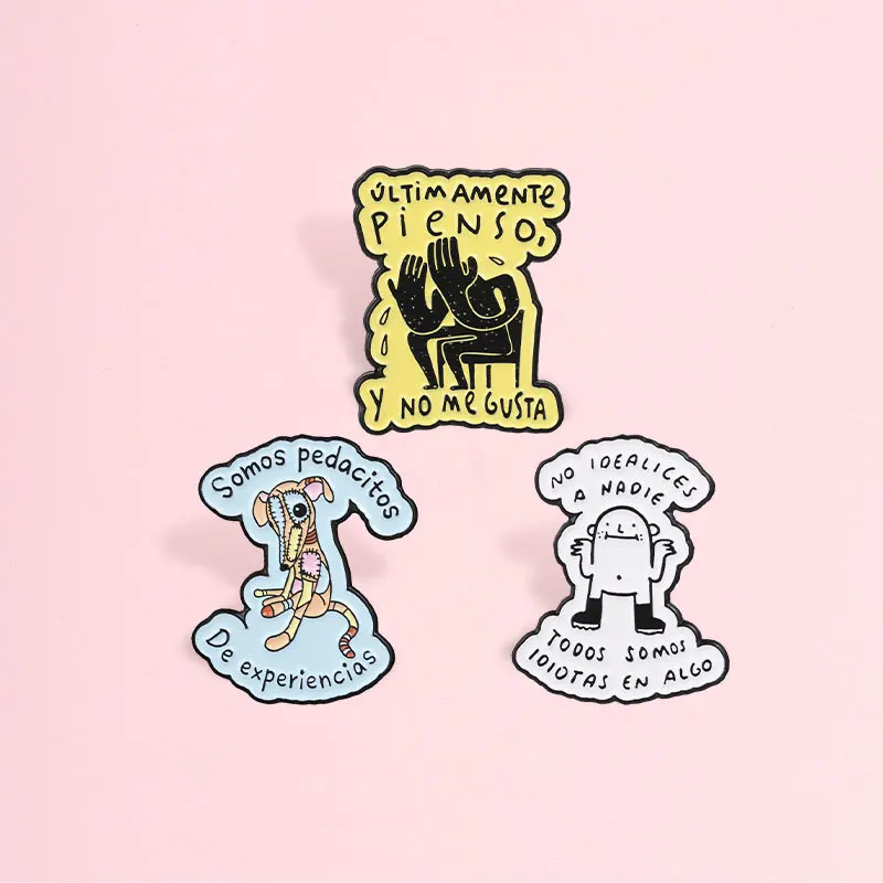 Nuevo broche de metal con diseño de dibujos animados y palabras curativas en español, ideal para personalizar ropa, bolsos, zapatos, sombreros, bufandas, camisetas y vaqueros.