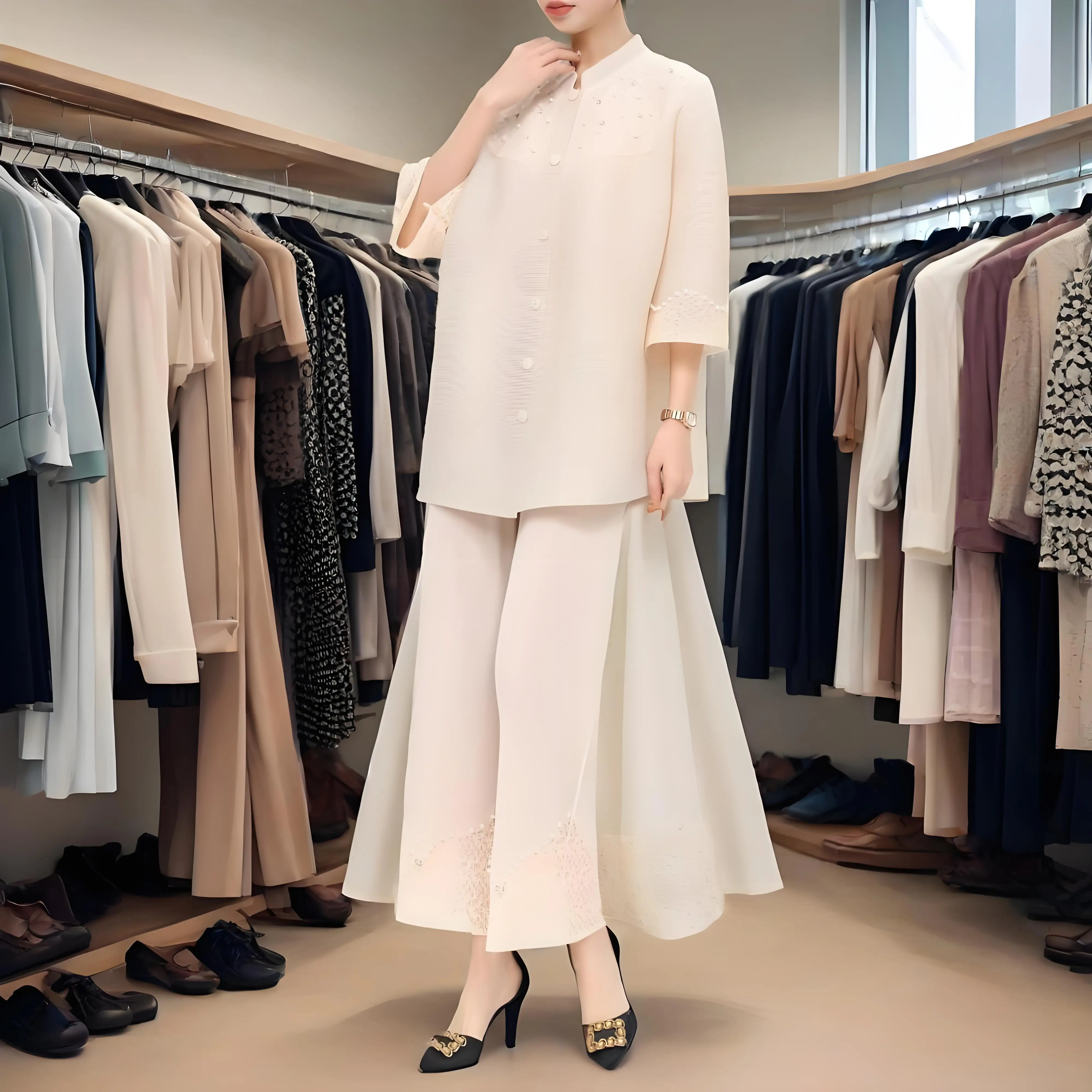 

2025 Spring New Miyake Folds Hollow Carved Embroidered Beads Plisse Loose Comfortable Fashion Pleated Casual Elegant Suit