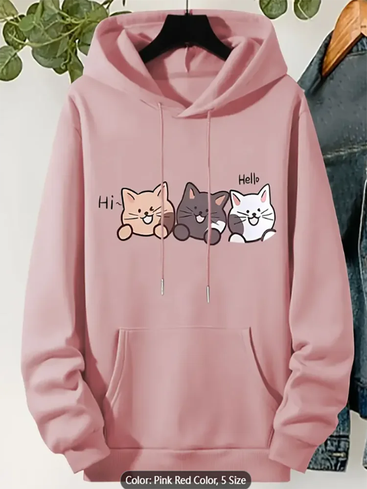 

Женская розовая, красная толстовка с капюшоном, три кота, Hi Hello, графический принт, повседневная негабаритная толстовка с капюшоном на шнурке для любителей кошек, чистый хлопок
