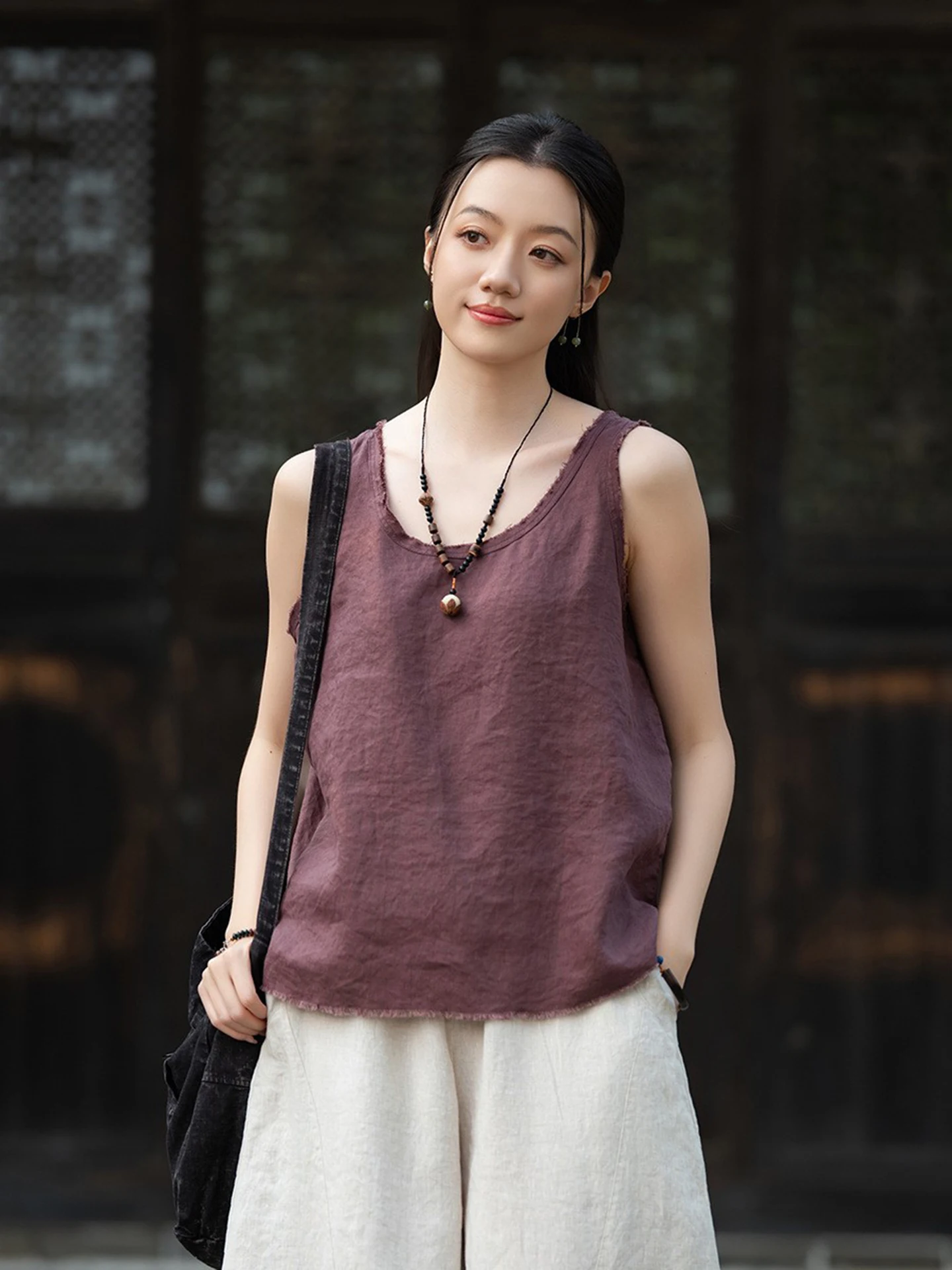 High-End Linen Women's Top Summer Thin Wide Shoulder Strap Sleeveless   Vest Loose Fit Original Design Casual Wear