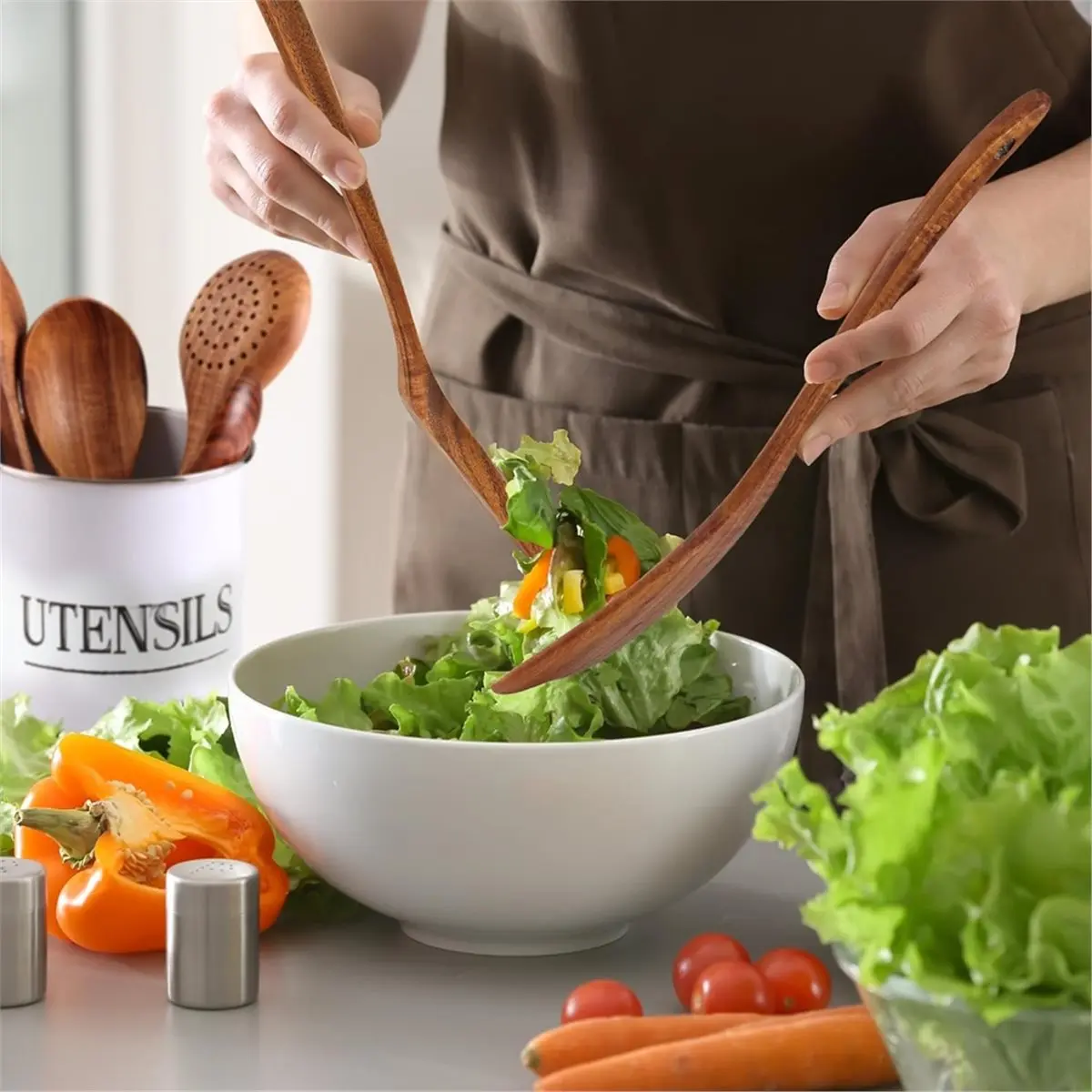 inabez-木製クッキングスプーン6本セット-本物の木製で耐熱性があり、快適なグリップ付き-お手入れ簡単、焦げ付き防止調理器具に最適