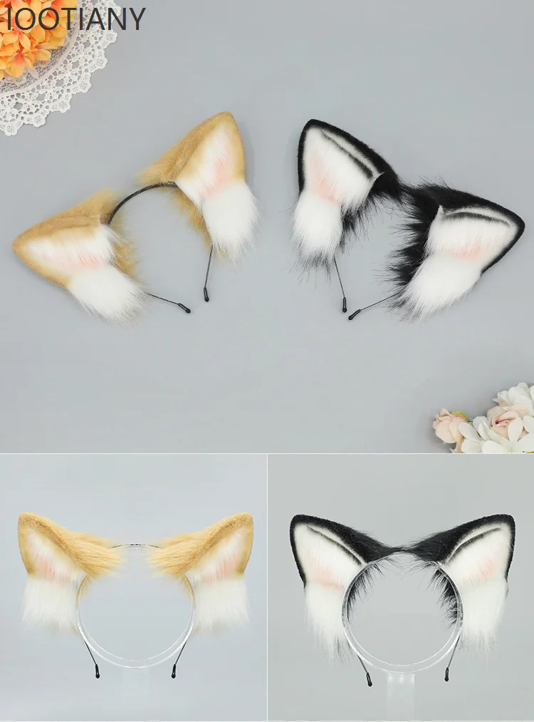 Iootiany orelhas de cachorro de pelúcia bandana cauda peluda anime exposição festa cosplay adereços halloween bonito animal filhote de cachorro orelhas cocar cauda