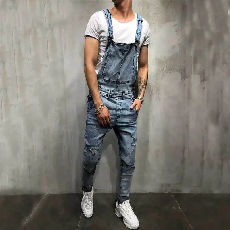 Men Jeans Jumpsuits Denim Ankle Length Pencil Pants Overalls Mid Waist Pockets One Piece Casual Washed Distressed Spliced 2025