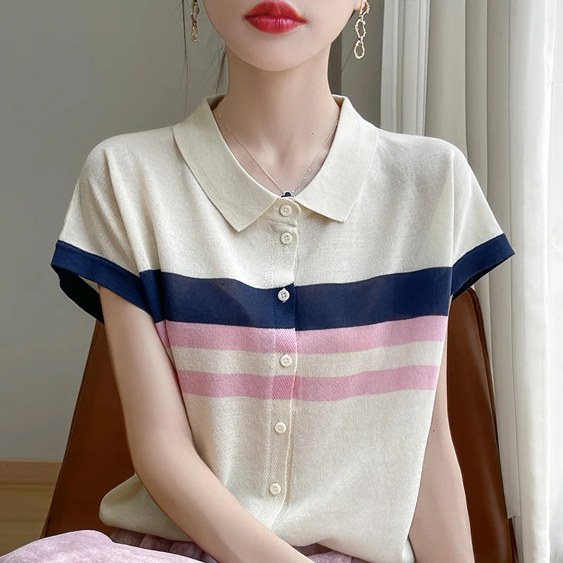 2024 Summer New polo Neck 100% Pure Wool Knitwear Women's Fashion Loose Striped Top