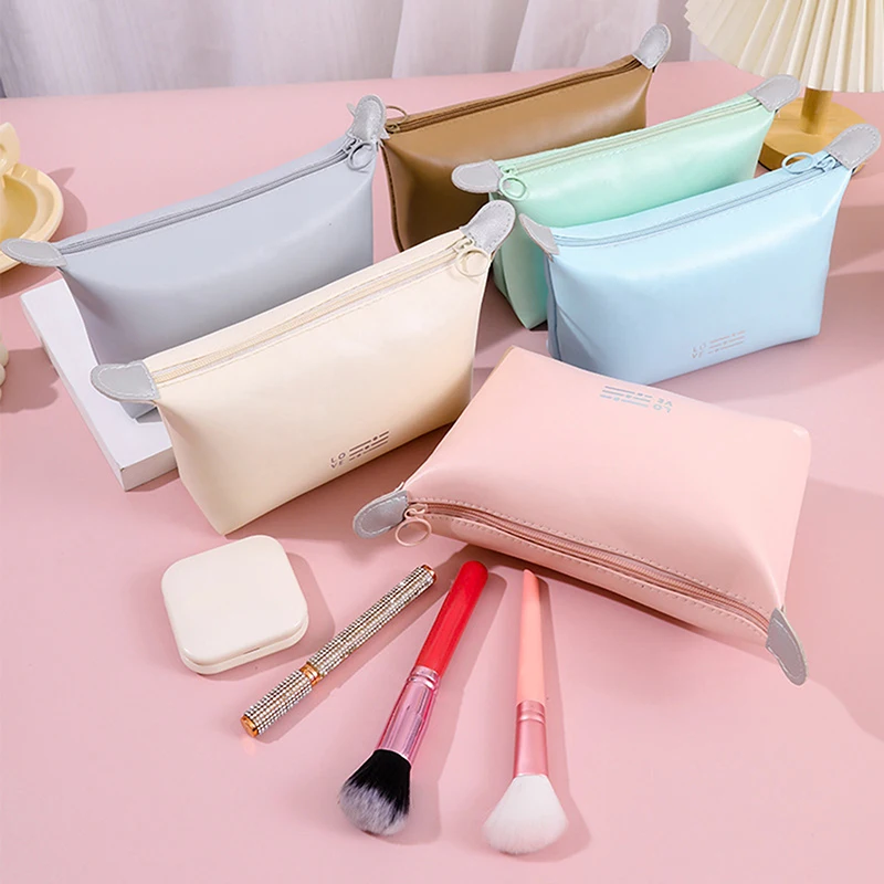 Solid Color Large Capacity Portable Waterproof Wash Bag PU Zipper Makeup Storage Pouch Woman Lipstick Jewelry Digital Organizer