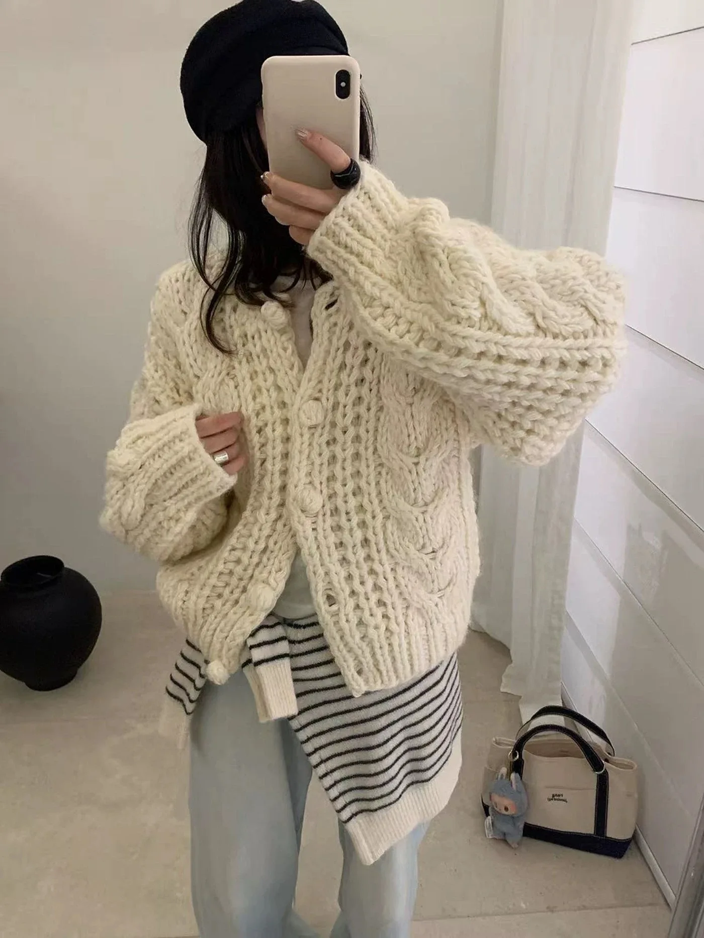 

Korean Style Lazy Short Handmade Sweater Coat Heavy Work Soft Gentle Hand Knitted Twist Sweater Open Cardigan Autumn Winter W...