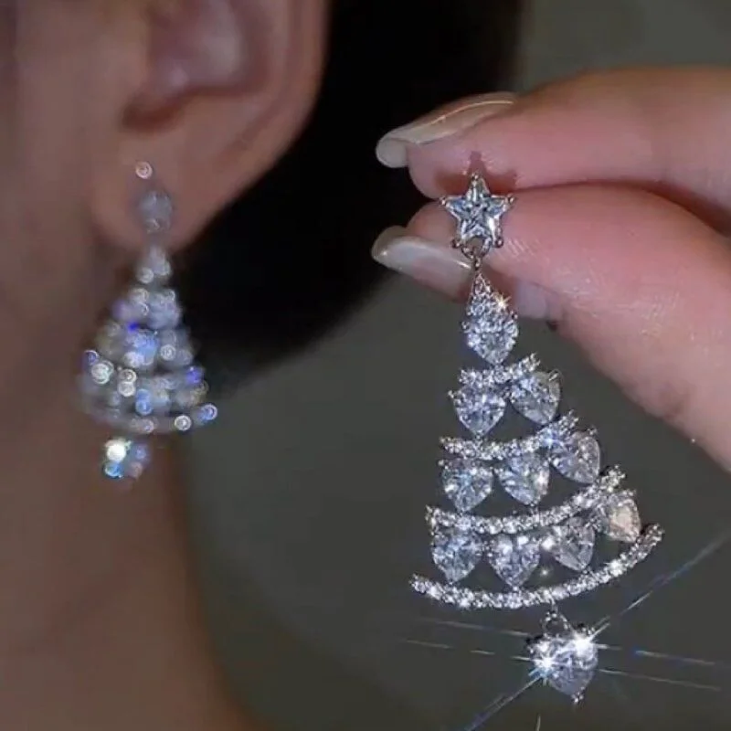 Women's Christmas Tree Zircon Crystal Star Dangle Earrings, Party Gift