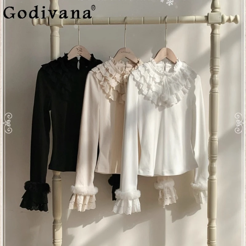 

Original Sweet Lolita Knit Bottoming Tops Autumn and Winter New Women's Slim Fit Lace Ruffle Edge Long Sleeve T-Shirt Clothing