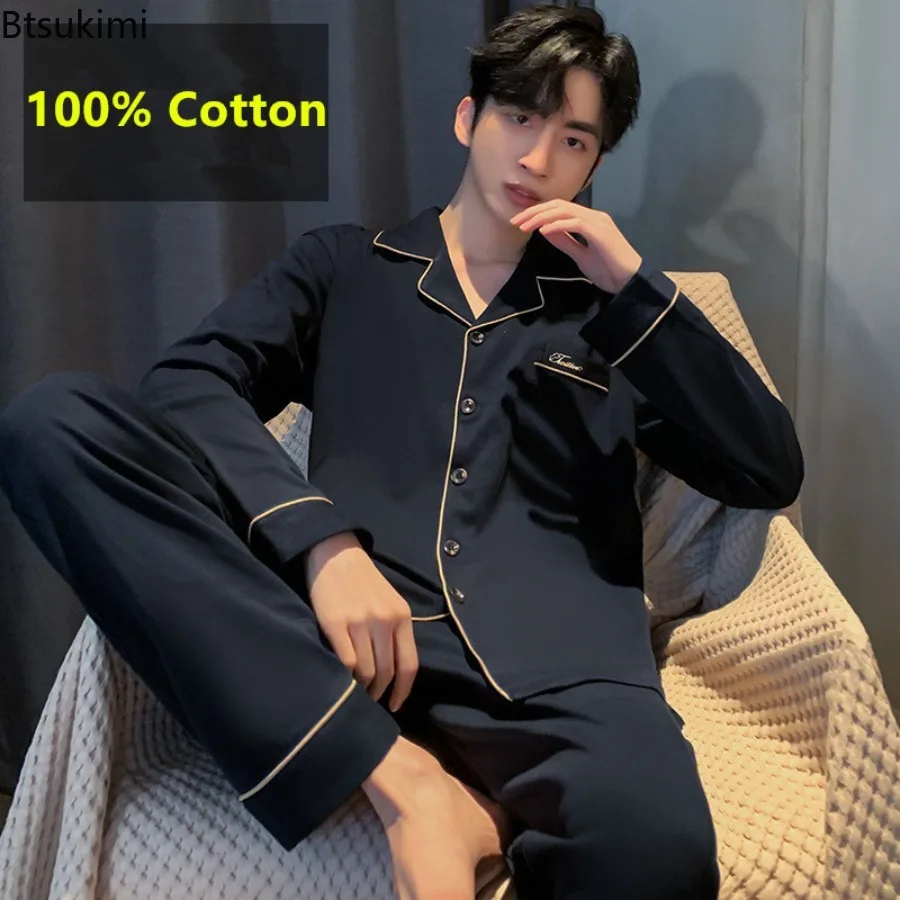 

Spring Autumn New Men's Fashion Pajamas Sets Long Sleeves Pure Cotton Home Clothes Male Breathable Big Size Nightwear Young Teen