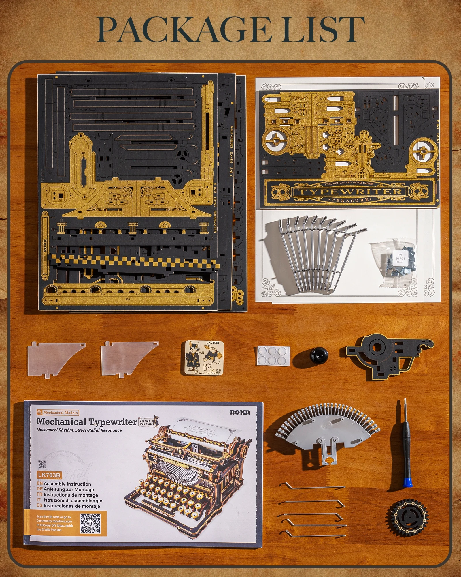 ROKR 3D Wooden Typewriter Puzzle – Black and Gold Mechanical Model Kit, DIY Toy, Vintage Decoration, Adult Collectible Gift view 6