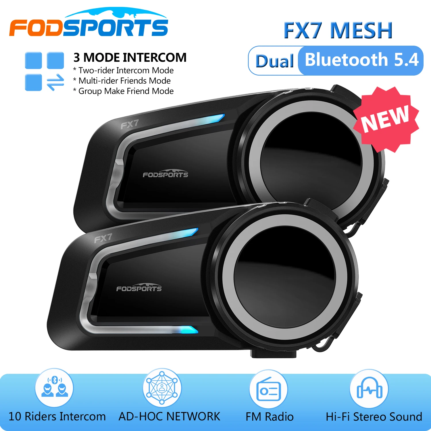 2Pcs Fodsporst FX7 Mesh Intercom Motorcycle Helment Headset Dual Bluetooth 5.4 Moto Interphone,10 Rider 2000M,FM Radio