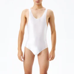 Men's Sexy Glossy Bodysuit Silky Glossy Swimsuit Shiny One-piece Sleeveless Jumpsuits Male Gay Smooth Underwear Erotic Lingerie