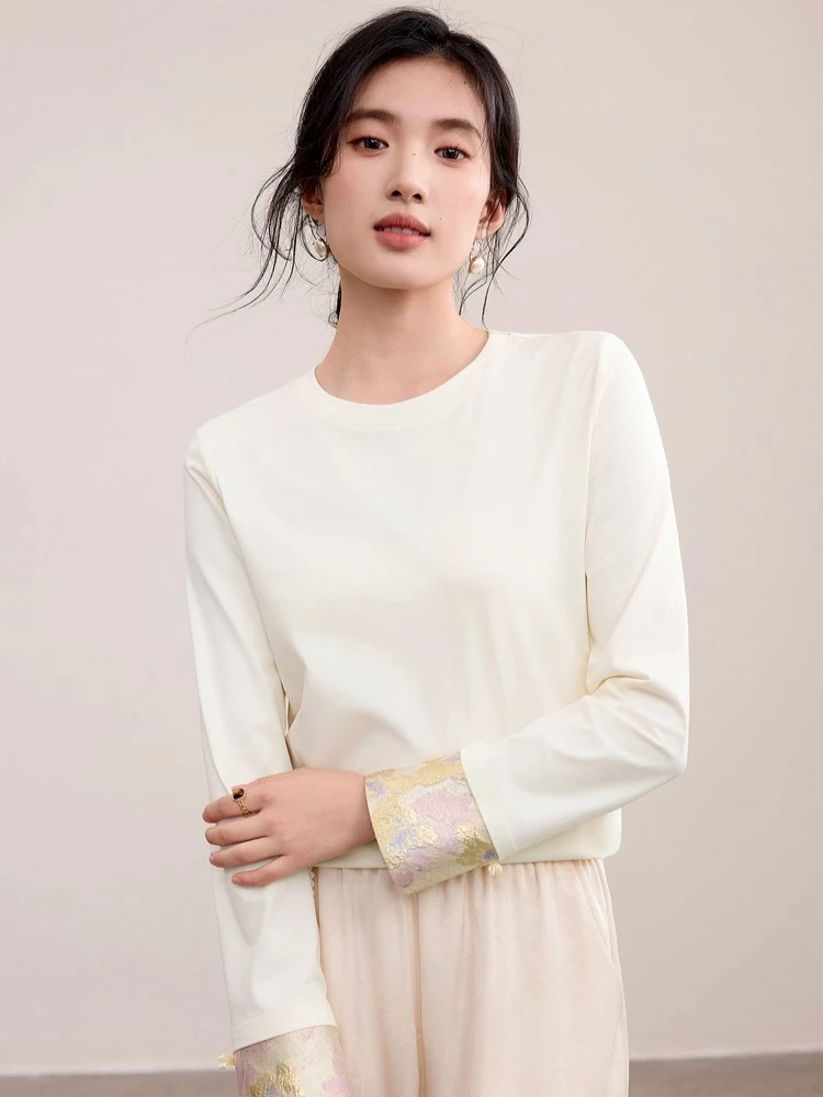 SENTUBILA Damska koszulka z długim rękawem w stylu chińskim, nowość na jesień 2025, okrągły dekolt, łączona żakardowa morelowa bluzka damska 153TM3149