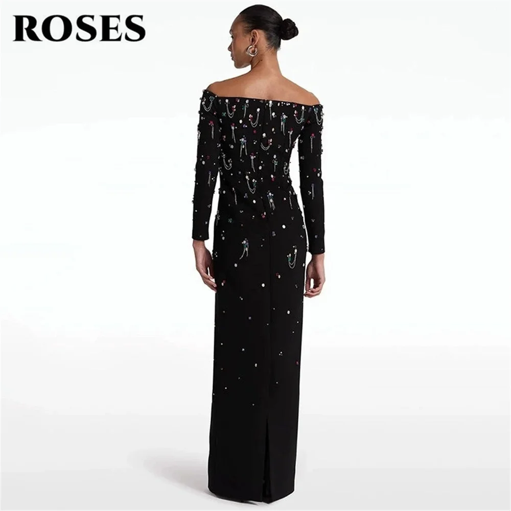 ROSES Black Prom Dress Boat Neck Zipper Back Celebrity Dress Beading On Chest Women's Evening Dress for Gala Straight Customized
