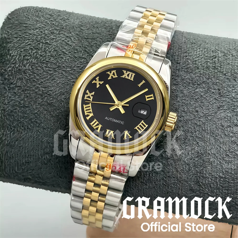 Gramock 31mm سيدة NH05 ساعة اليد الميكانيكية ماتي ساعة سوداء الهاتفي الرومانية الفضة/الذهب علامة مستديرة Beze lSteel الساعات للنساء
