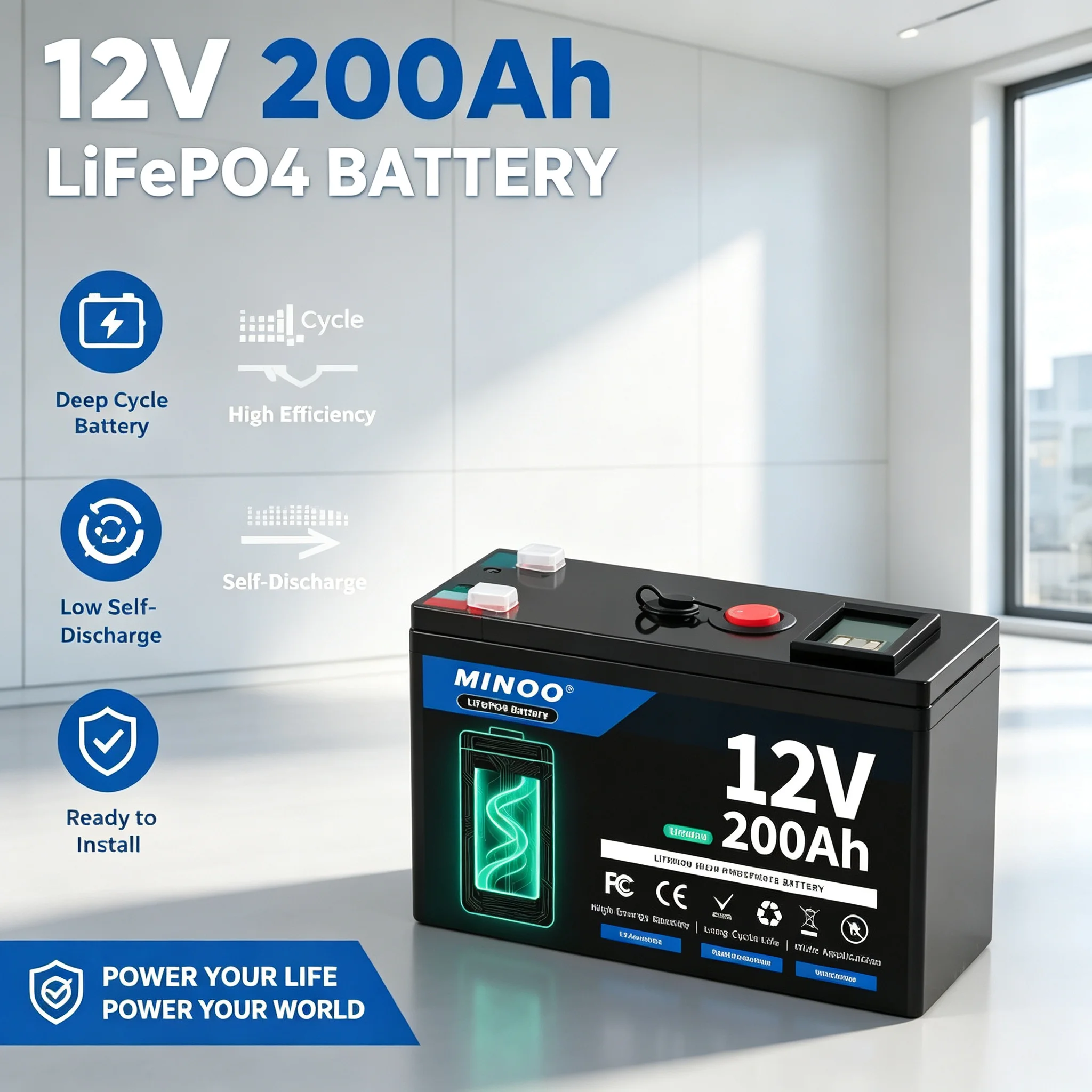 12V 200Ah LiFePO4 Solar Battery Deep Cycle Rechargeable Built-in BMS Lithium 200000mAh for Power Wheels Scooters Fish Finder
