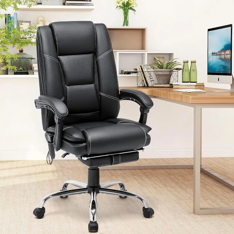 Ergonomic Executive Office Chair with Heated PU Leather Adjustable Height Reclining Massage Desk Chair with Foot Rest Armrest,