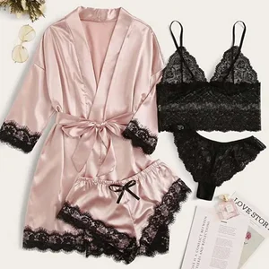 4 peças mulher pijamas ser com robe sexy renda lingerie roupão de seda cetim casa roupas de noite robe 10 principais vendas roupão de banho femenino - №4