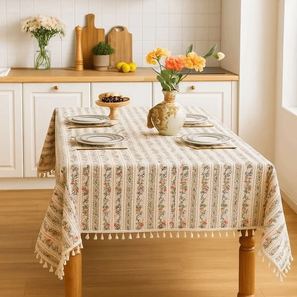 

Rectangular Printed Tassels Tablecloth Smooth Wear-resistant Table Cover Cloth Anti-splash Water Party Supply