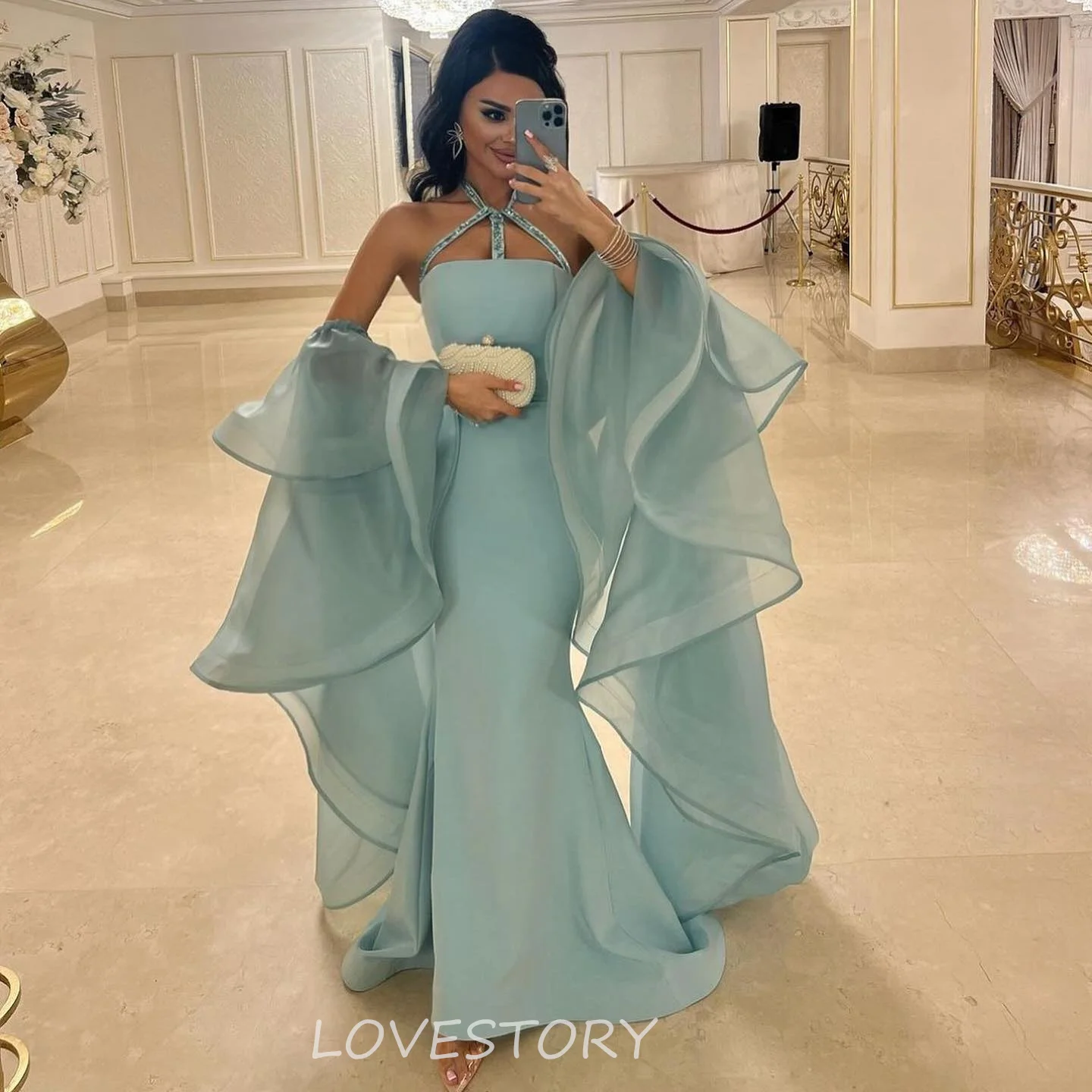 Lovestory Luxury Mermaid Prom Dresses Beaded Evening Dress Luxury Birthday Dress Halter Vestidos Para Eventos Speciales